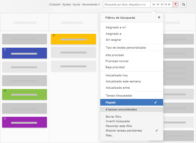Filtro del tablero de tareas recurrentes