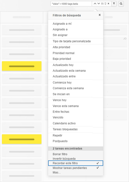 Guardar filtros personalizados del tablero