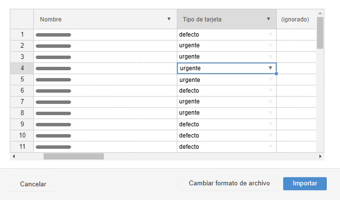 Importar tareas: selecciona el tipo de datos
