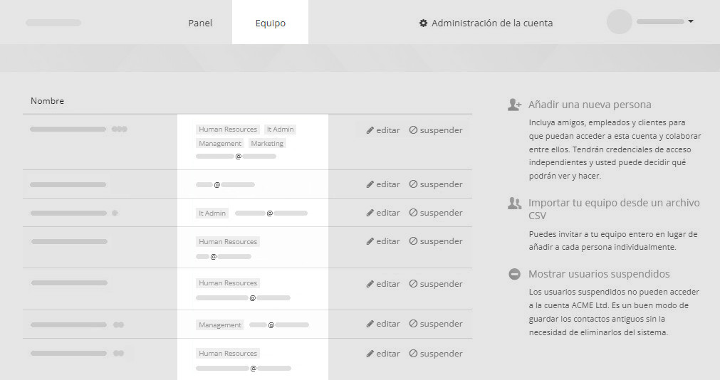 Indicadores de grupos de usuarios en la página Equipo