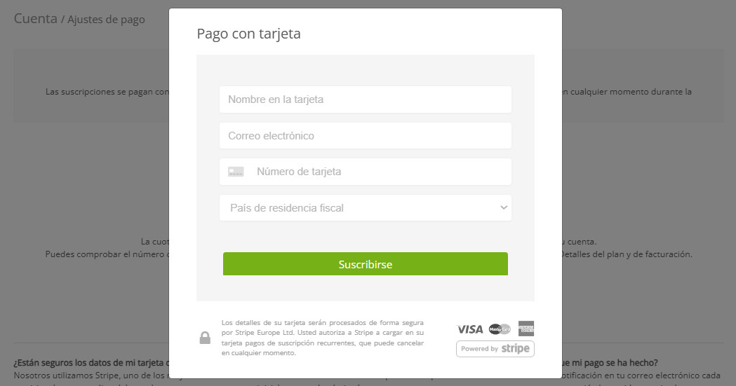 Introduzca la información de la tarjeta para suscribirse