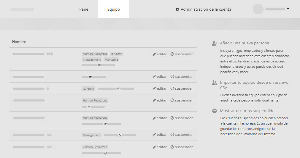 La página Equipo en una cuenta de Kanban Tool