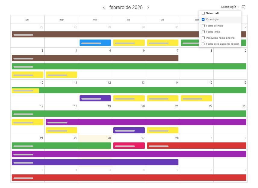 La vista de calendario interactiva de gran tamaño en Kanban Tool