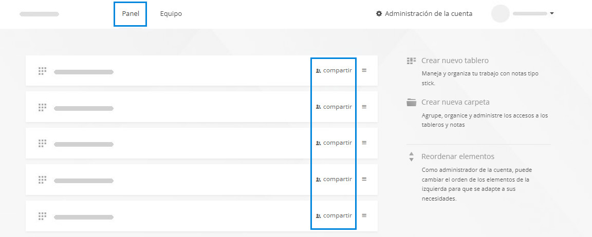 Los enlaces para compartir en el panel