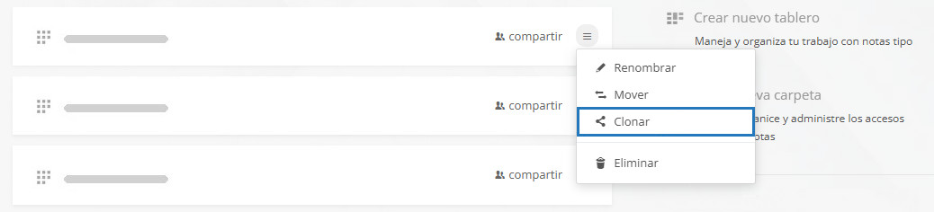 Opciones del tablero - renombrar mover clonar eliminar