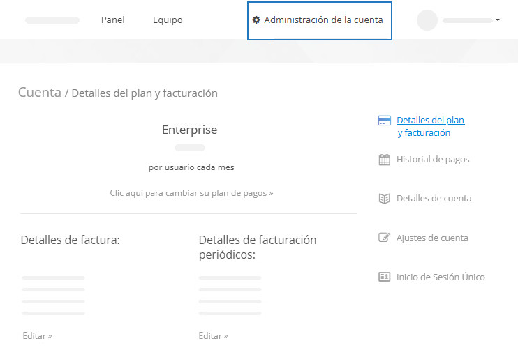 La página Administración de la cuenta La página Administración de la cuenta