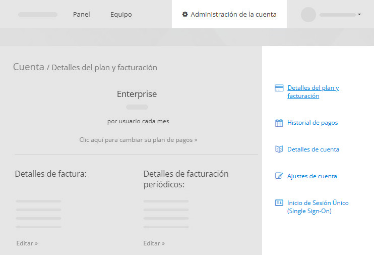 La página Administración de la cuenta