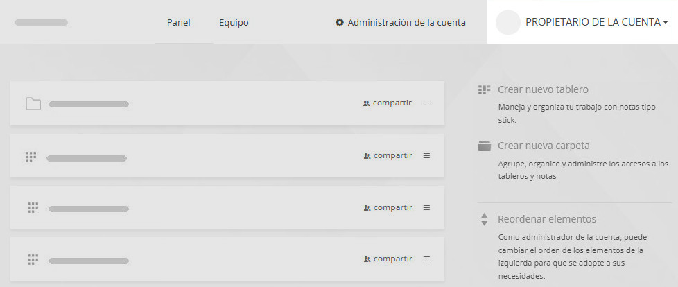 Contenido del panel para el propietario de una cuenta