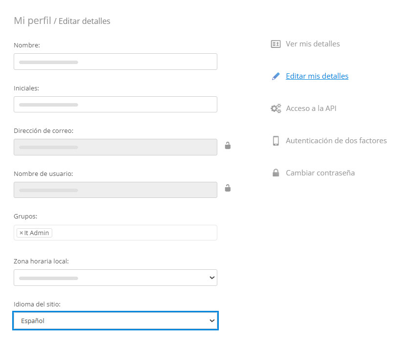 Selección del idioma de la interfaz Seleccionar el idioma de la interfaz en Mi perfil