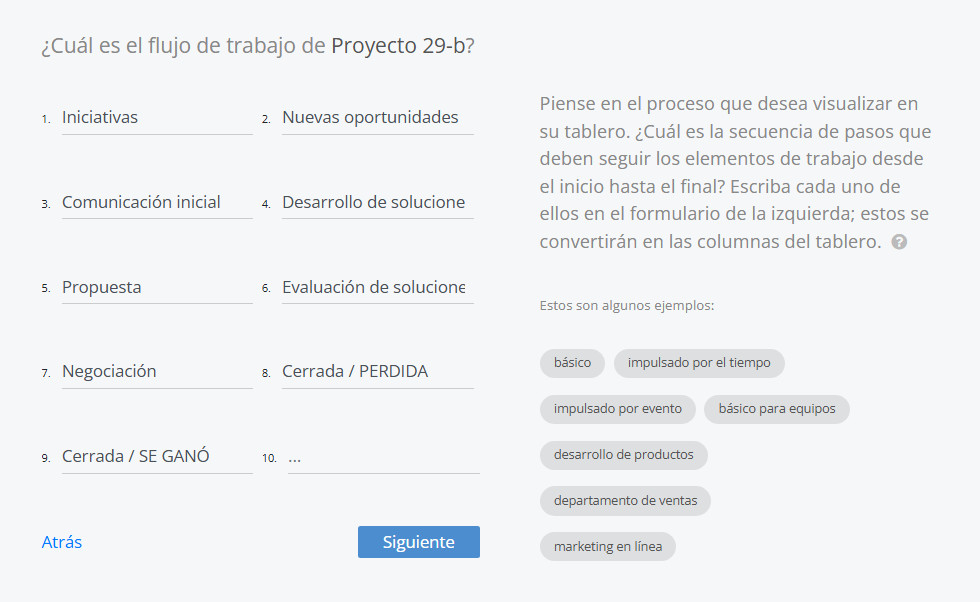 Usar plantilla de tablero para un nuevo proyecto Definición de las etapas del flujo de trabajo mediante una plantilla prediseñada