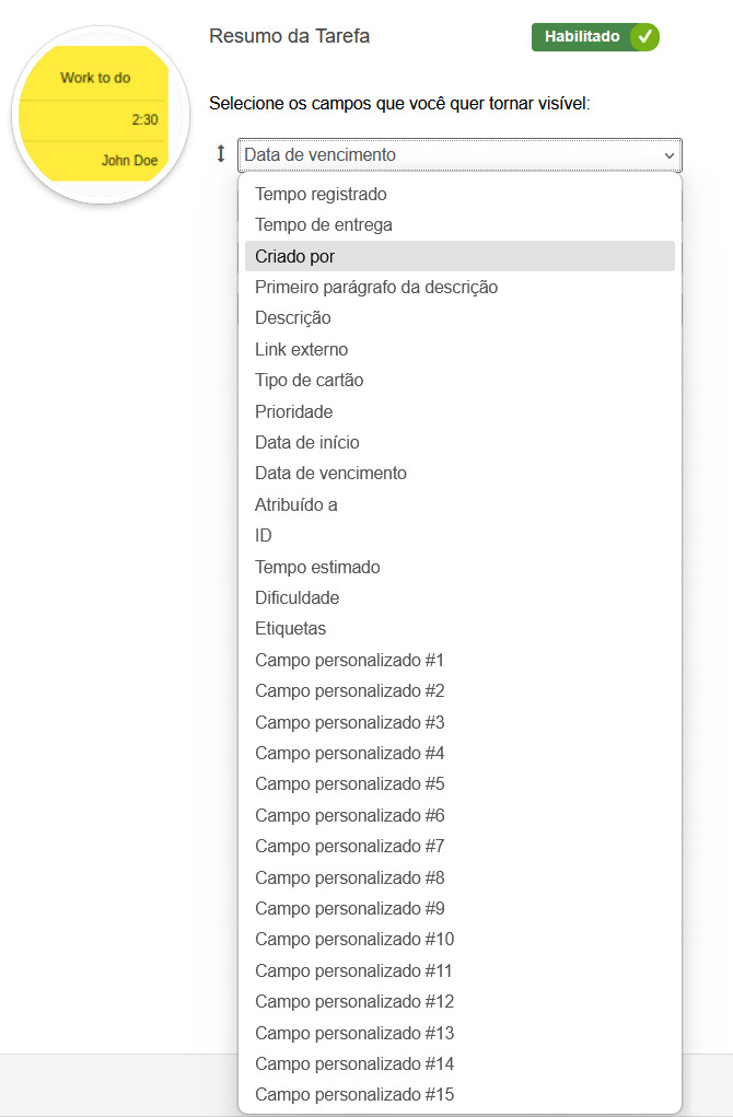 Configurações do recurso Resumo da Tarefa