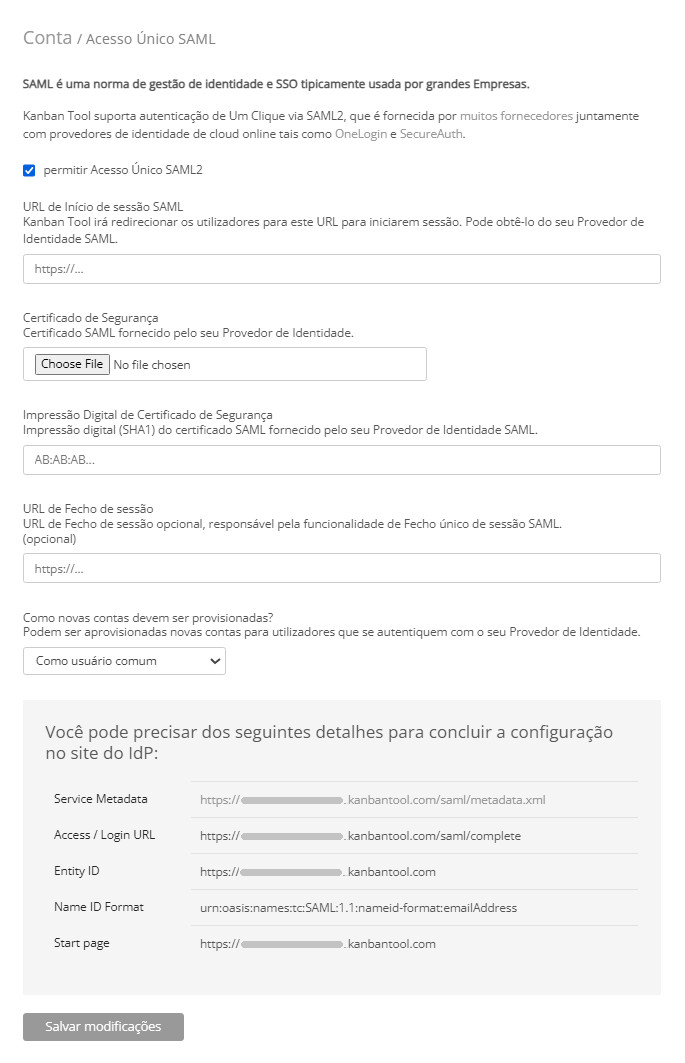 Ativação do SSO com SAML Ativação do SSO com SAML