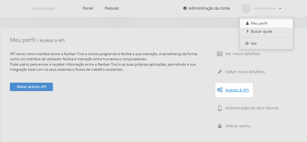 Ativando o acesso à API em Meu perfil