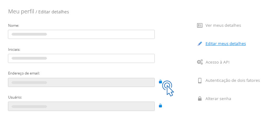 Editar o endereço de e-mail do usuário Clique no ícone do cadeado para alterar o endereço de e-mail