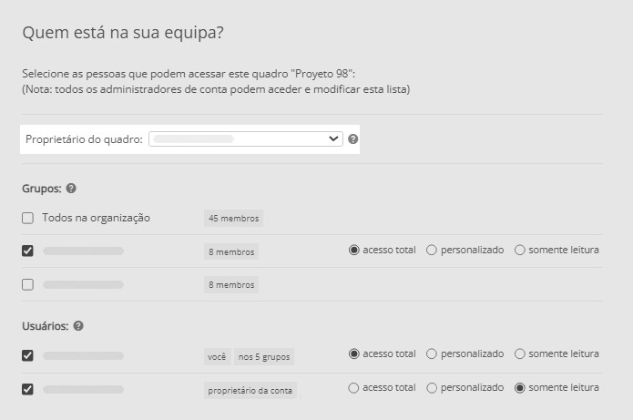 Configuração do proprietário do quadro