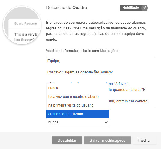 Configurações do complemento Descrição do Quadro