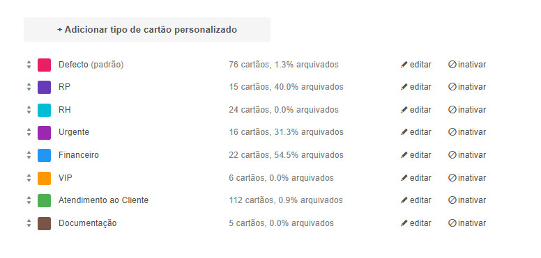 Visualizando os tipos de cartão na página de configurações
