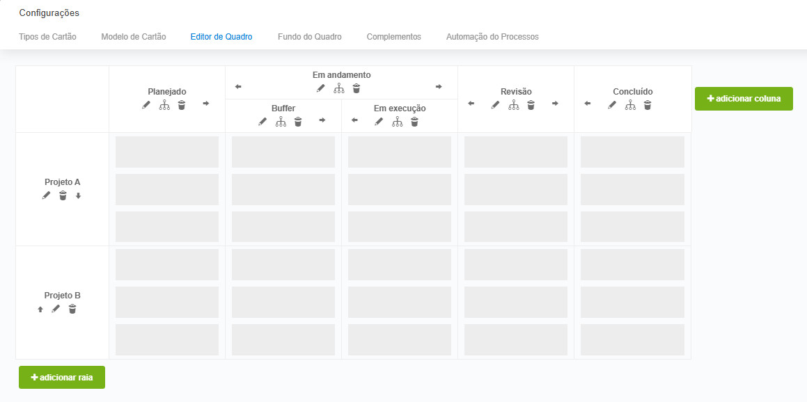 Acessando o editor de quadros em Configurações