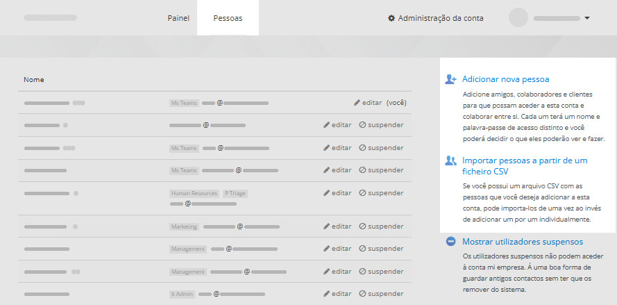 Convide novos usuários na página Pessoas Adicionando usuários pela página Pessoas