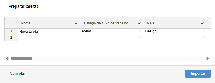 Criar tarefa por importação Importação de novas tarefas de uma planilha