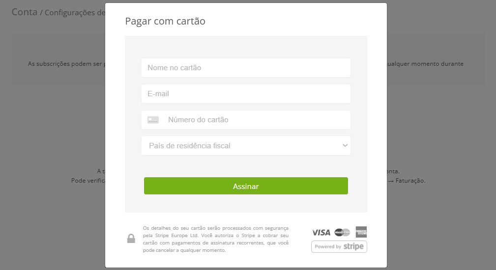 Digite os dados do cartão para se inscrever
