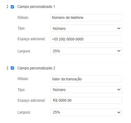 Exemplo de modelo de cartão com campos personalizados e formatação predefinida