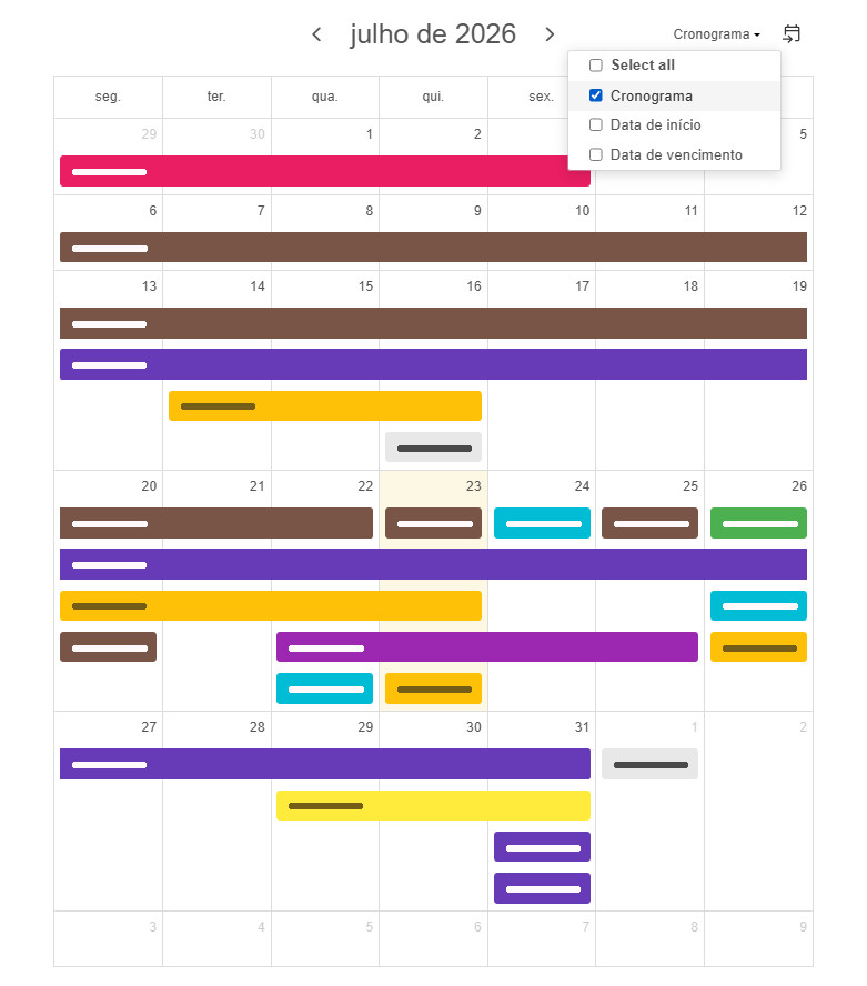 Calendário de prazos com linha do tempo O widget de calendário grande - uma visualização em linha do tempo