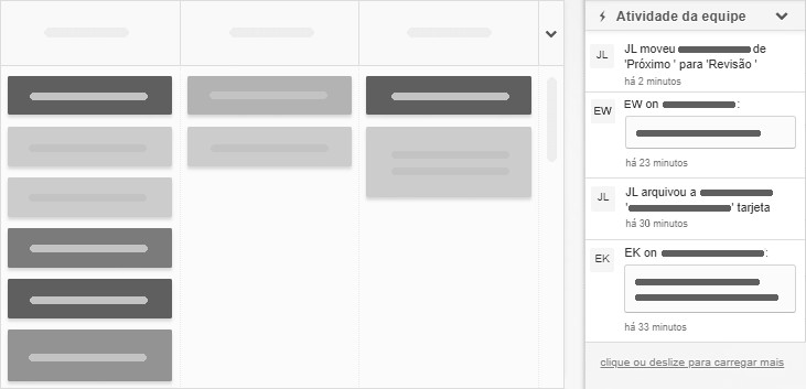 O feed de atividades da equipe no painel lateral do quadro