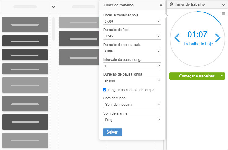 Opções do complemento Timer de Trabalho