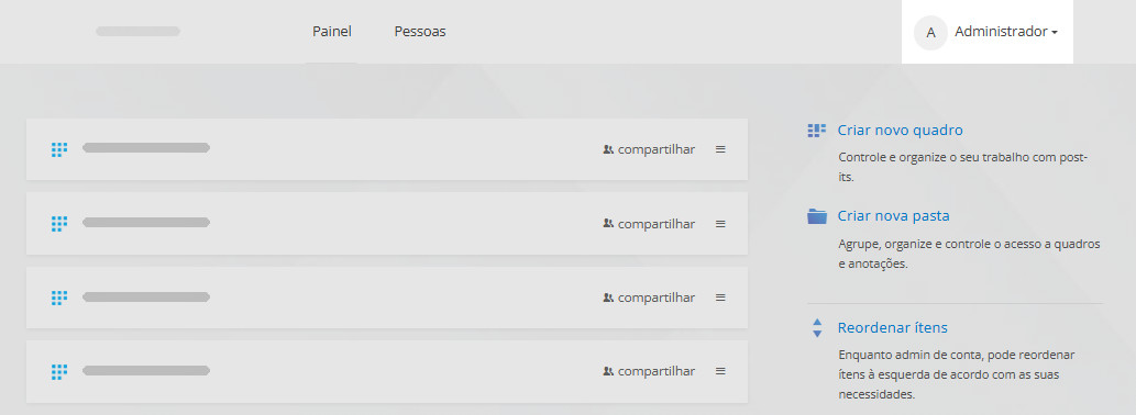 Painel do administrador da conta Conteúdo do painel para um administrador de conta