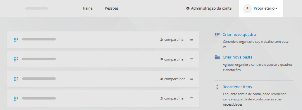 Painel do proprietário da conta Conteúdo do painel para o proprietário da conta