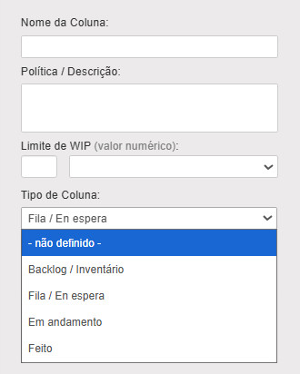 Tipos de colunas no Kanban Tool