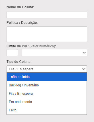 Tipos de colunas no Kanban Tool