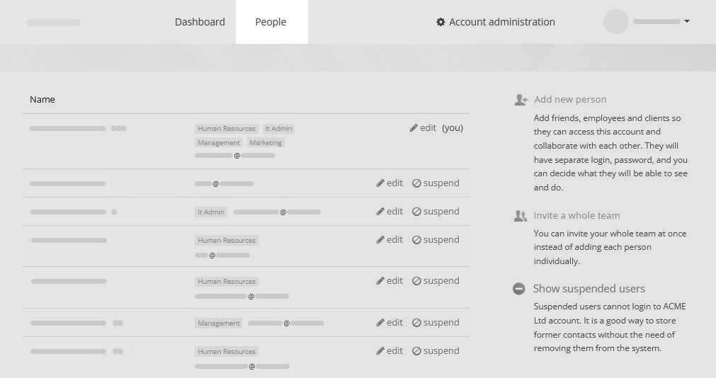 A Kanban Tool account People page Kanban Tool account - list of users