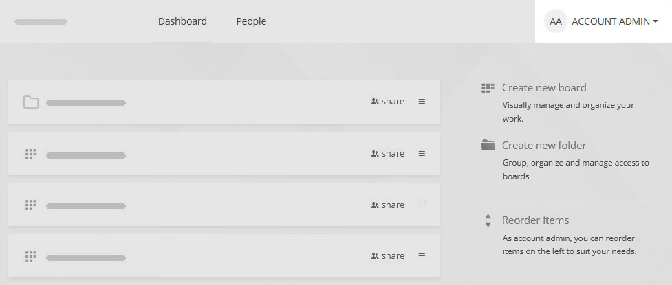 Account admin dashboard Dashboard contents for an account admin