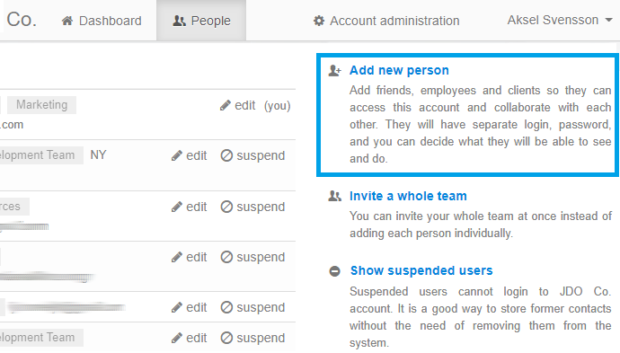 Adding users through People tab Adding users through People tab
