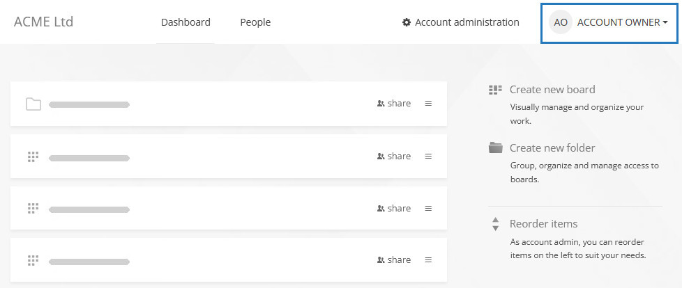 Dashboard contents for an account owner