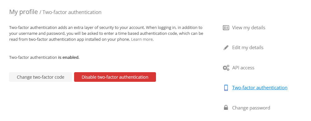 Disabling two-factor authentication