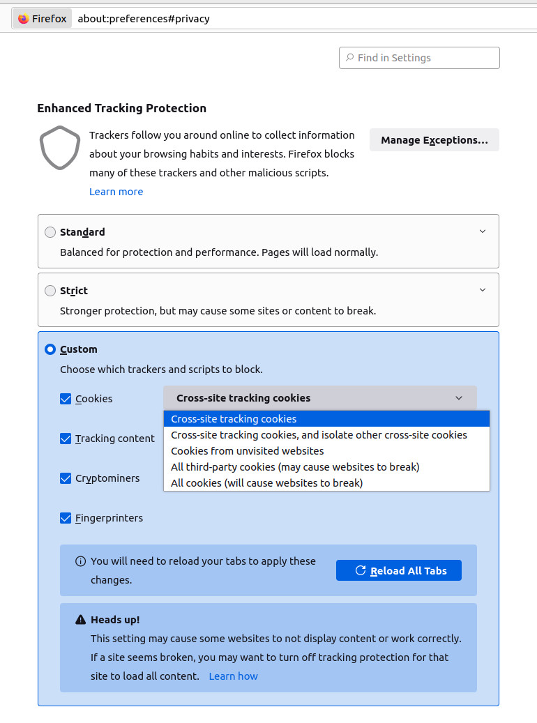 Allowing cross-site tracking cookies in Firefox