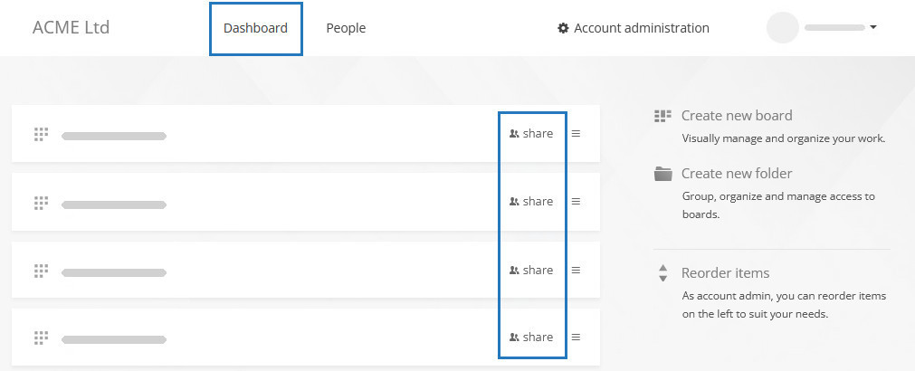 The share links on the dashboard