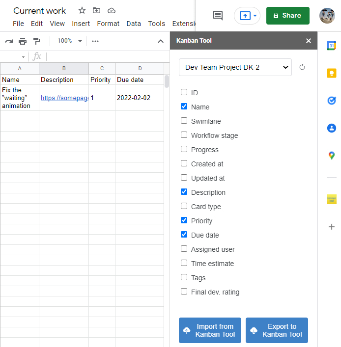 Create Kanban Tool tasks from Google Sheets