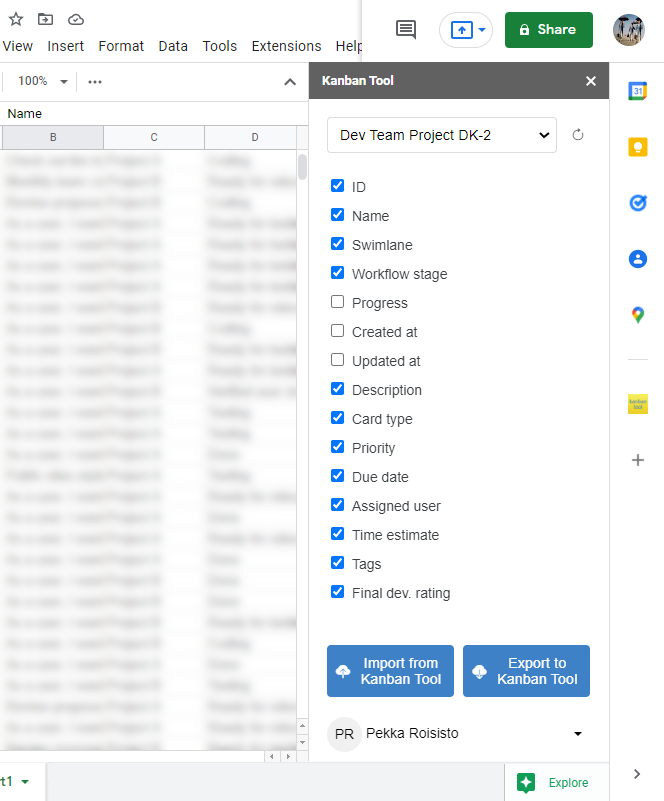 Select Kanban Tool board and task data to import