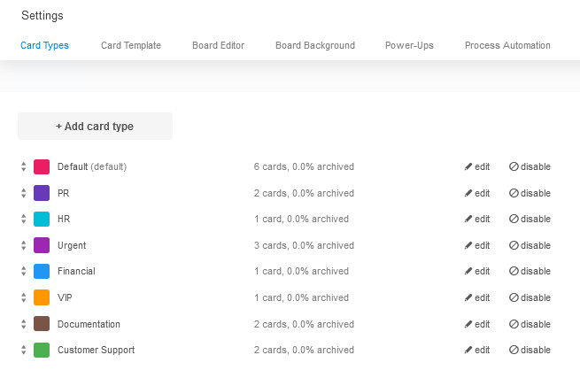 Viewing card types on the settings page