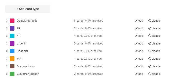 Viewing card types on the settings page