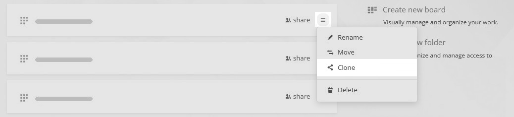 The clone board option available under the more hamburger menu icon