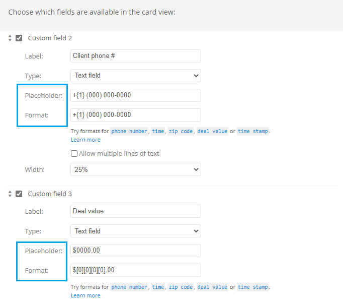 Custom data format settings