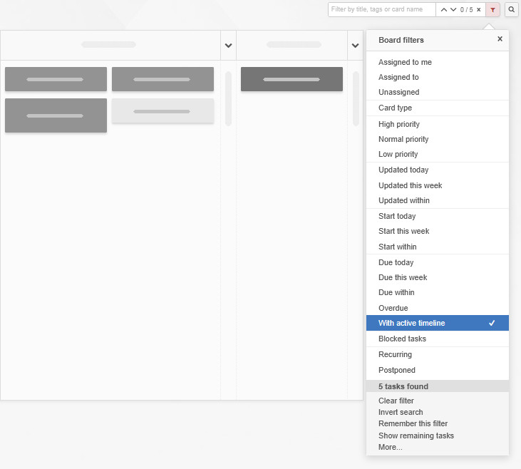 Filtering the board for tasks with an active timeline