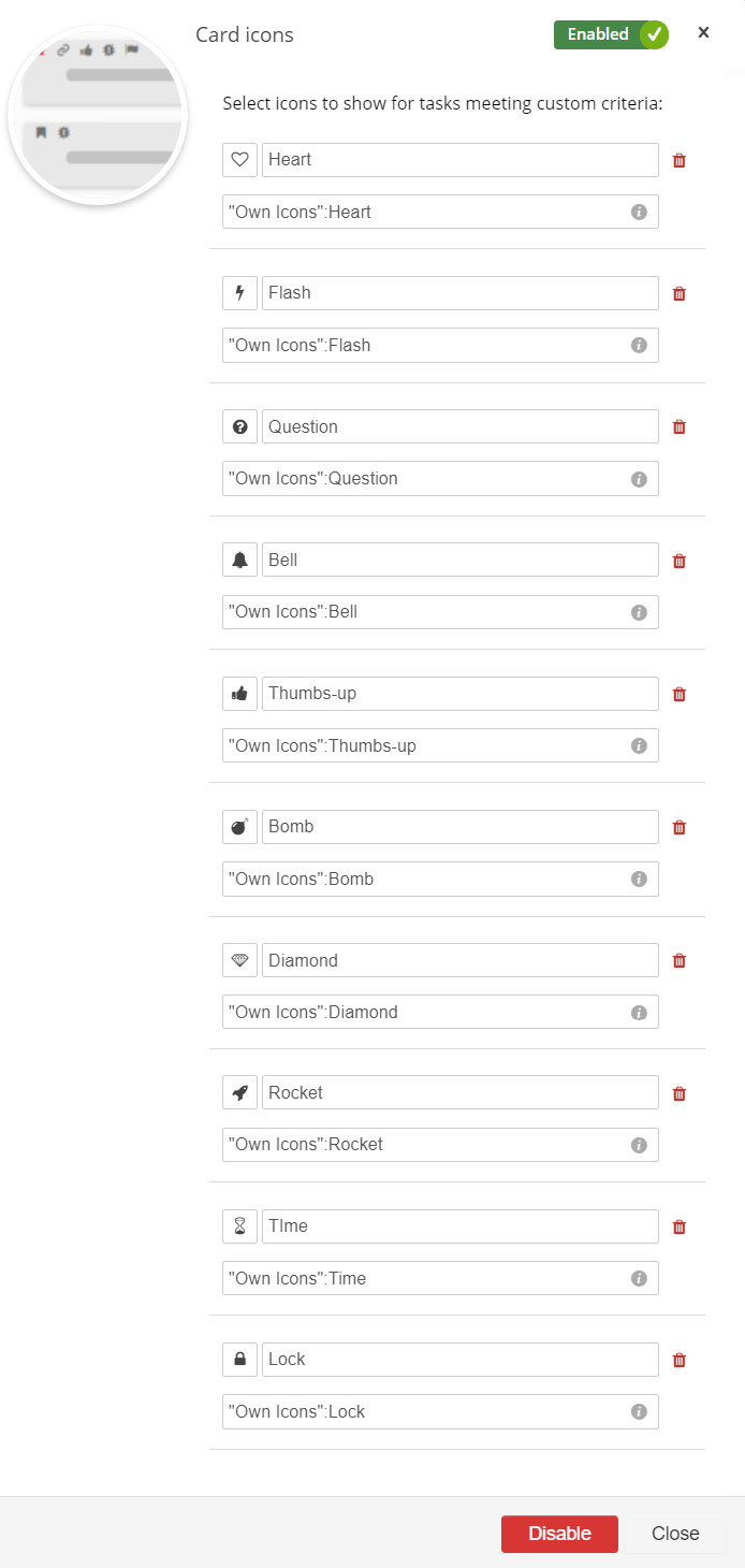 Defining icons to show for specific custom field selections