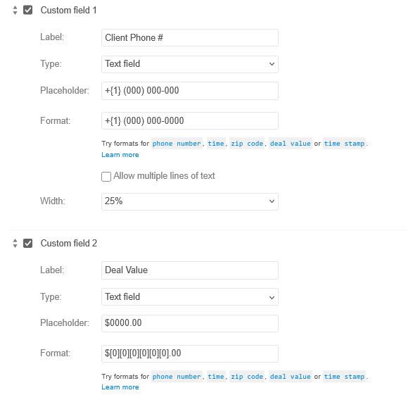 Card template example of custom fields with predefined formatting