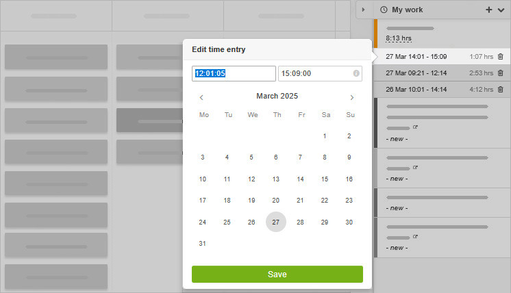 Editing a time entry from My Work
